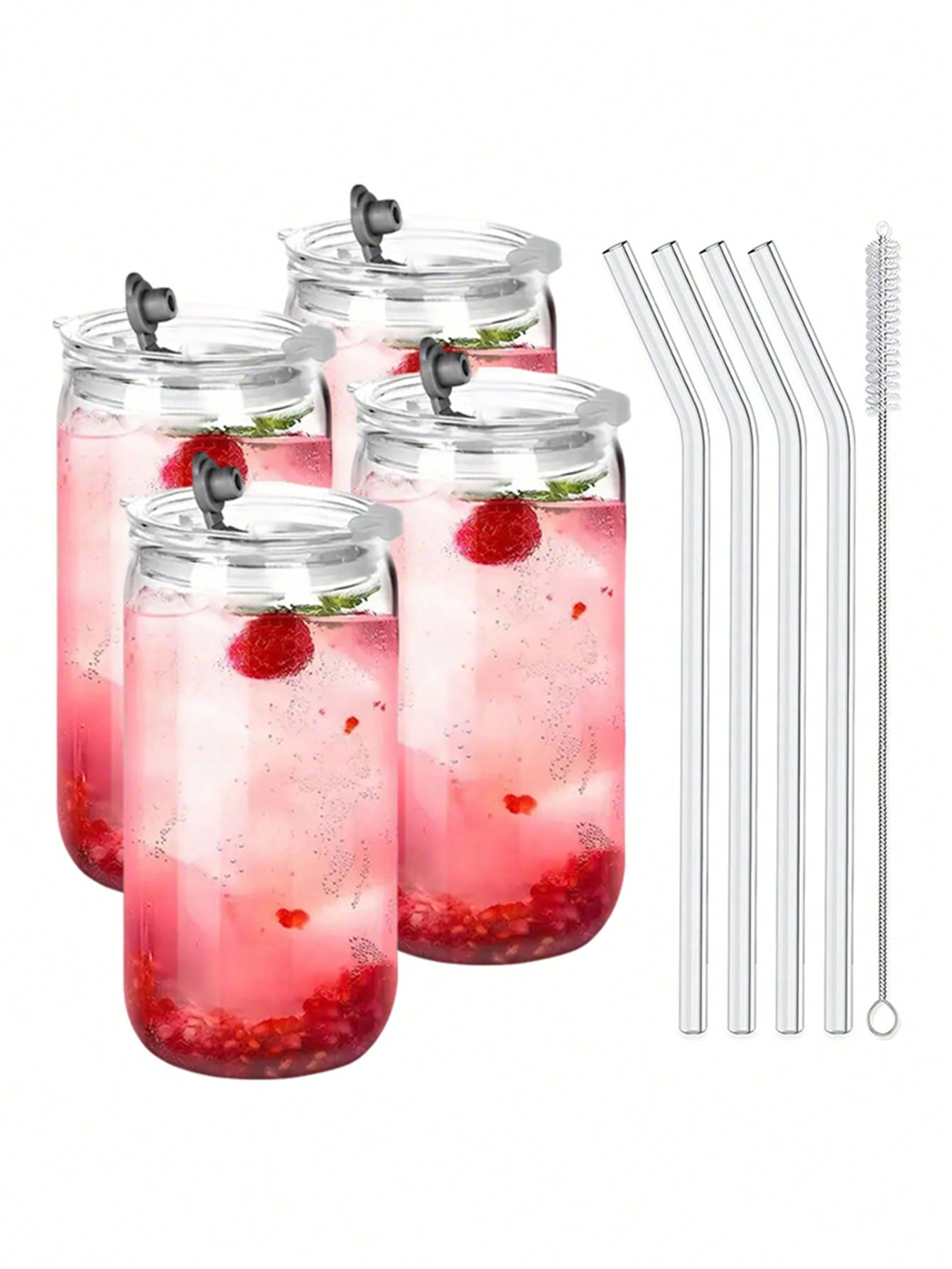 Glass Cups with Lids and Straw - Coffee Tea Jar Set ulasan dan harga
