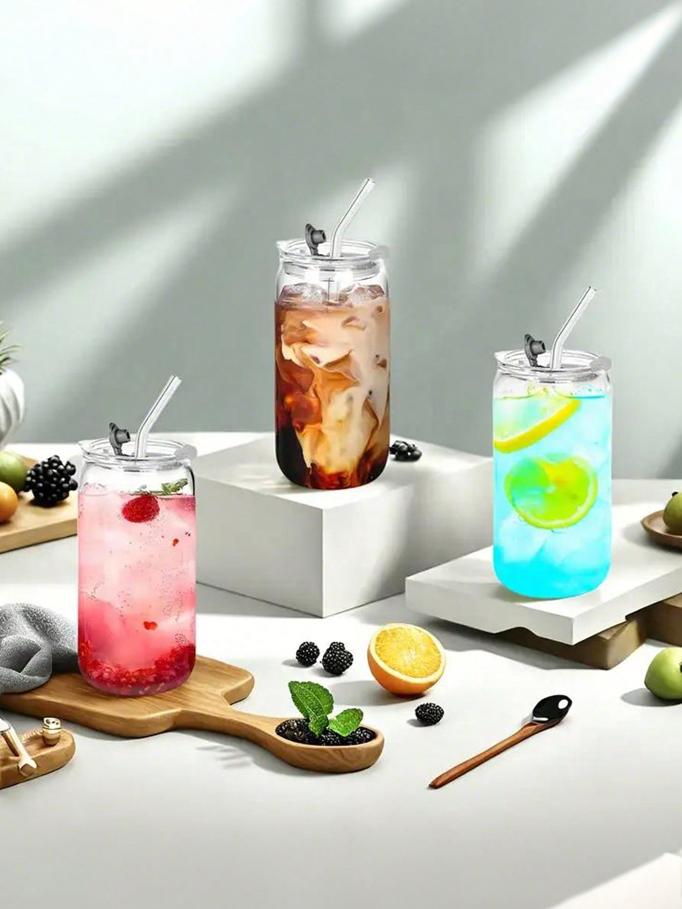 Glass Cups with Lids and Straw - Coffee Tea Jar Set ulasan dan harga