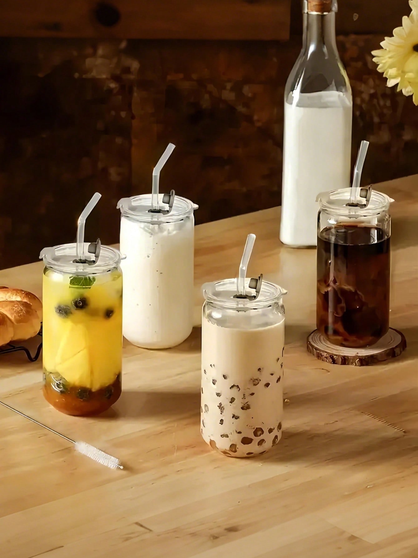 Glass Cups with Lids and Straw - Coffee Tea Jar Set ulasan dan harga