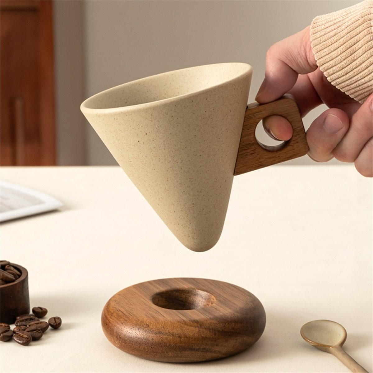 Ceramic Coffee Cup& Wood Base  - Coffee Tea Spoon ulasan dan harga